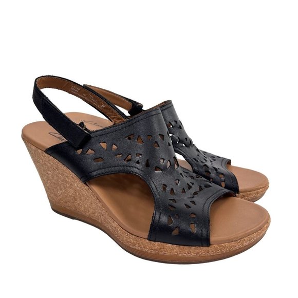 Clarks Shoes - Clarks Black Tooled Leather Slingback Open Toe Cork Wedge Slide Sandals Size 11